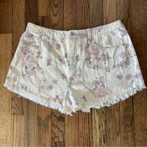 Mossimo High Rise Jeans Shorts Floral Pink Cream Distressed Fringe Size 14/32
